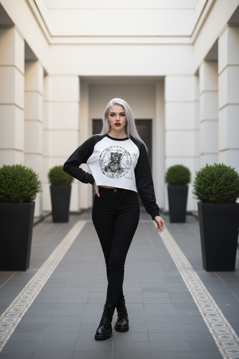 Raw-Hem Color-Block Raglan Crop Sweatshirt Creepy Teddy